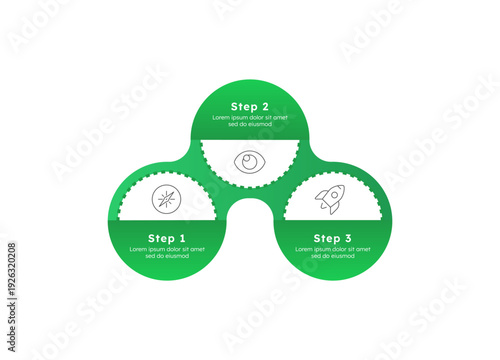 Startup vision green round horizontal timeline infographic 3 steps. Business goals of new company on market. Development statement. Editable thin line icons diagram process. Lexend font used