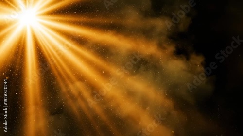 Dramatic golden sunburst effect shining through dark, swirling smoke. Abstract background for movie trailers and epic presentations.