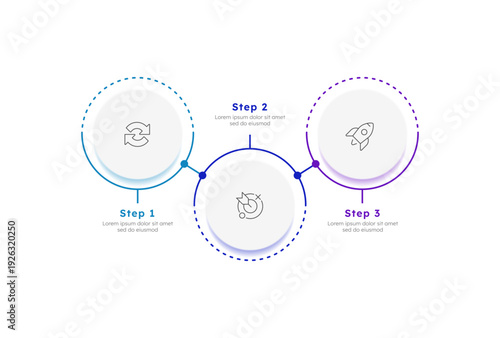 Startup vision multicolor circle horizontal timeline infographic 3 steps. Business goals of new company on market. Development statement. Editable thin line icons diagram process. Lexend font used