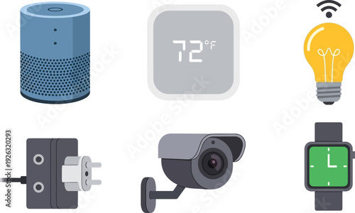 A collection of smart home devices including a speaker thermostat bulb camera and watch on transparent background silhouette high quality professional