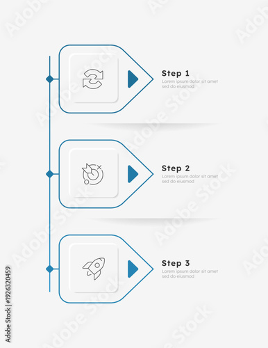 Startup vision pennant vertical timeline infographic 3 steps. Business goals of new company on market. Development statement maintain. Editable thin line icons diagram process. Lexend font used