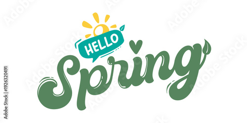 Hello Spring mint green lettering with sun icon, minimalist retro typography for seasonal greeting isolated on white. Hello spring green logo doodle style hand drawn