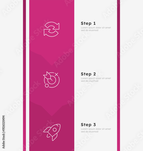 Startup vision pink vertical frame timeline infographic 3 steps. Business goals of new company on market. Development statement. Editable thin line icons diagram process. Lexend font used