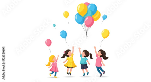 Colorful illustration of children celebrating International Day of Happiness with balloons in a joyful festival atmosphere.