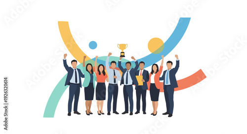 A diverse group of business people celebrating the International Day of Happiness with colorful festival icons and a joyful mood in a vibrant illustration design.