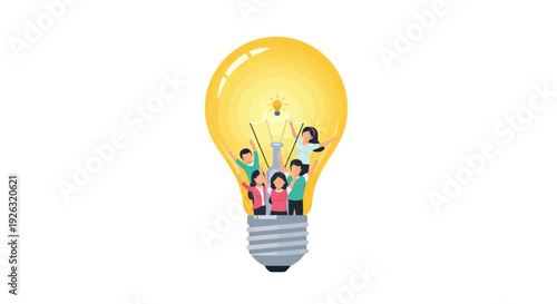 Vector illustration of a lightbulb with diverse people inside, symbolizing the International Day of Happiness and celebration of global unity in a colorful design.