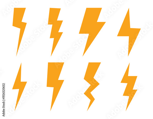 Vector set of lightning bolt icons. Flat style thunder icon used to represent fast charging, speed, and emergency alerts in apps and websites. Vector illustration. 