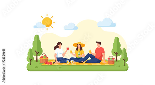 Vector illustration of a family with children celebrating International Day of Happiness in a colorful festival setting with a joyful atmosphere in a natural outdoor environment.