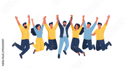 Vector illustration of a diverse group of people jumping in the air with joy, celebrating the International Day of Happiness in a colorful and festive way.