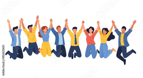 Vector illustration of a diverse group of people jumping with raised arms celebrating the International Day of Happiness in a colorful and joyful festival atmosphere.