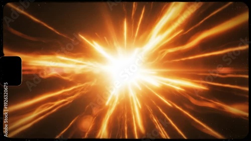 Intense vintage film burn transition featuring a bright orange light burst and old film frame overlay, perfect for retro movie openers.