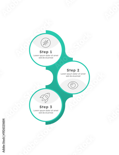 Startup vision green circle vertical timeline infographic 3 steps. Business goals of new company on market. Development statement. Editable thin line icons diagram process. Lexend font used