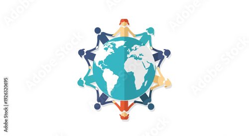 Colorful illustration of diverse people forming a circle around the world, celebrating International Day of Happiness in a vibrant and joyful festival atmosphere with a global community