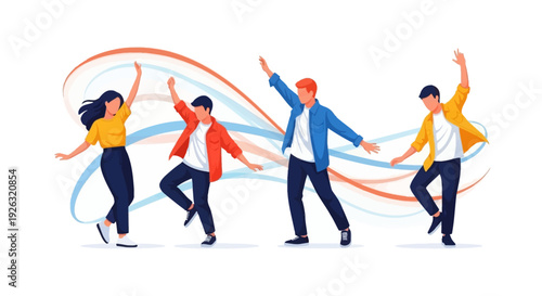 Illustration of people celebrating the International Day of Happiness with colorful festival ribbons in a joyful and vibrant scene.