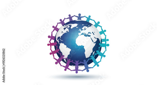 Vector illustration of a colorful globe surrounded by diverse people icons, symbolizing international day of happiness and global celebration.