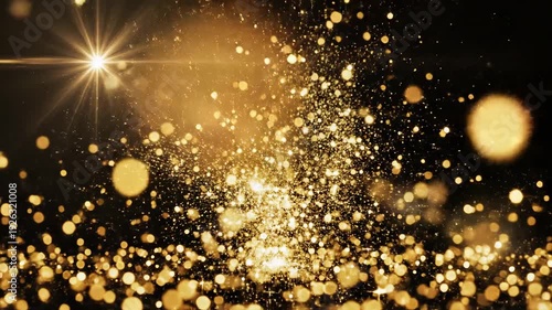 Brilliant starburst light illuminates a field of shimmering golden bokeh dust, great for cinematic titles and celebratory announcements.