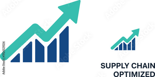Vector graphic illustration representing optimized supply chain performance featuring an upward trending teal arrow over blue bars