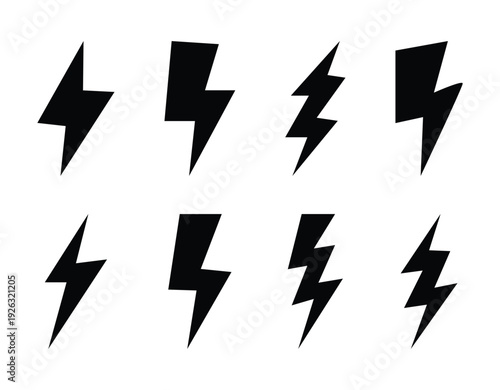 Hand drawn electric lightning vector icons Used in apps to represent fast charging,  immediate danger warnings in weather forecasts and Indicates high voltage. Vector illustration.