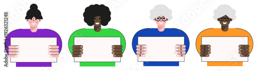 Set flat person with Empty card in the hands. Vector illustration of girl and elderly woman with Empty banner. Perfect for simple Sale business information board concept. EPS 10 Editable stroke