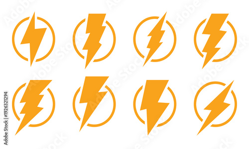 Lightning bolt retro thunder symbol set designed for safety alerts and weather application. Vector icon set isolated on a white background. Grammar check