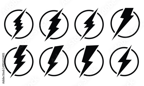 Different style black Thunder and bolt lighting flash icon set in circular frame for weather applications, electrical and power signage. Vector illustration.