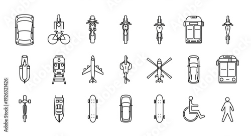 Overhead view of various transportation modes and symbols, black and white sketch.
