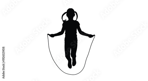 Silhouette of a young girl jumping rope with pigtails illustration on white background