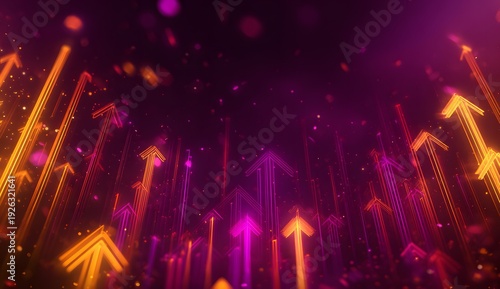 Abstract image of bright glowing arrows moving upwards representing growth progress and success on dark purple background with bokeh and particles