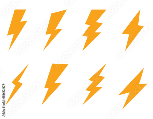 Flat vector Thunder and bolt lighting icon set on a white background used for weather applications, electrical power signage, fast charging indicator.