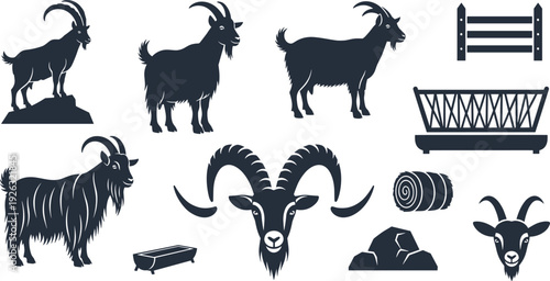 Goat Silhouette Farm Animal Icon Set with Ram Head Horns Fence Hay Bale and Feeding Trough Vector Collection.