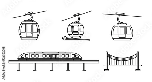 Transportation methods - cable cars, monorail, and a bridge illustration.