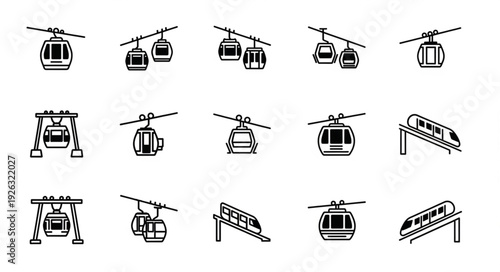 Collection of various cable cars and train illustrations in a line art style.