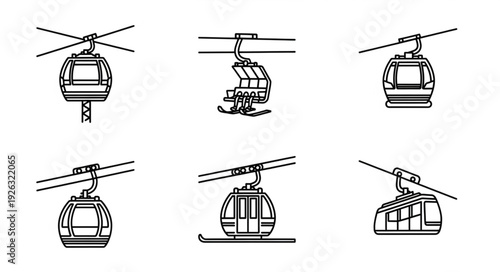 Various cable car illustrations showcasing different designs and perspectives for transportation.