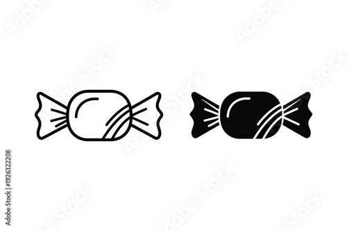 Sweet Candy Wrapper Icon in Outline and Filled Black Styles for Treats and Confectionery Designs