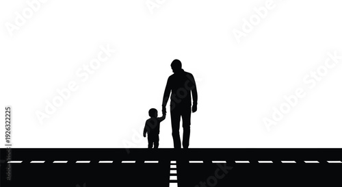 Father and child holding hands while crossing the road together in a vector illustration