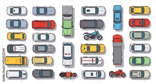 Overhead view of various vehicles including cars, trucks, and motorcycles, arranged closely together.