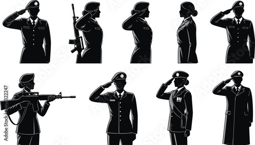 Military officer salute silhouette vector set with armed forces uniform poses for army patriotism defense and national service design.