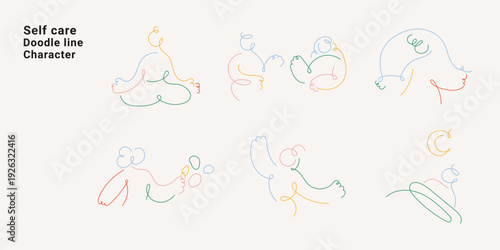 Abstract doodle line characters representing self care, relaxation, and mindfulness. Minimal colorful line art style ideal for wellness, mental health, lifestyle, and presentation design.