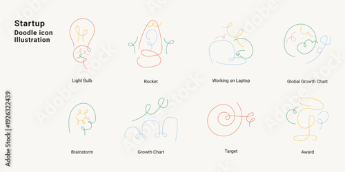 Minimal doodle line icon set for startup and business concepts. Abstract hand drawn icons showing idea, growth, innovation, teamwork, technology, and success elements.