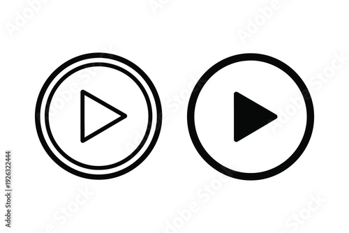 Play button icon in a circular design, available in outline and solid black vector.
