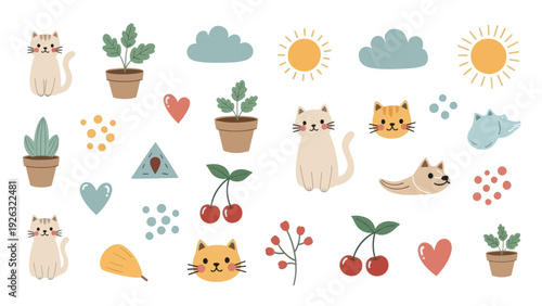 Cute cartoon cats potted plants cherries and sun elements.