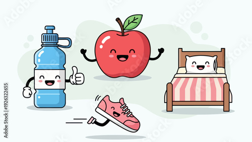 Cute Cartoon Characters Promoting Healthy Lifestyle Habits.