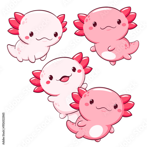 Set of axolotl in kawaii style. Lovely axolotl baby in different poses. Cute axolotl expression sheet collection. Can be used for t-shirt print, sticker, greeting card. Vector illustration EPS8