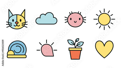 Cute cartoon icons set featuring a cat cloud sun snail plant and heart.