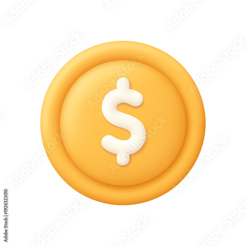 Gold coin with white dollar symbol. Finance, banking, business, investment, money, wealth, profit and savings concept. 3d vector icon. Cartoon minimal style.