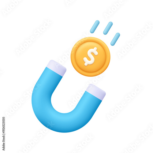 Blue horseshoe magnet attracting golden dollar coins. Financial success, marketing, money magnet, income growth, business attraction and investment concept. 3d vector icon. Cartoon minimal style.