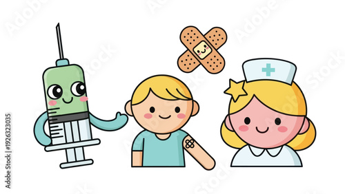 Cute cartoon illustration of vaccination with a happy syringe child and nurse.