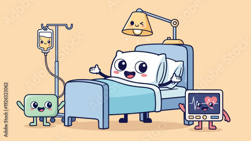 Cute Cartoon Pillow Character in Hospital Bed with IV Drip and Monitor.