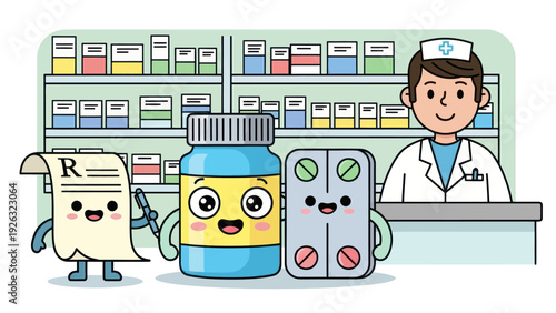 Cute Cartoon Prescription, Medicine Bottle, and Blister Pack with Happy Faces.