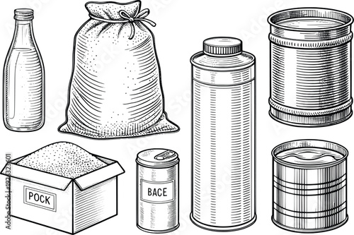 Illustration of various containers and packaging materials